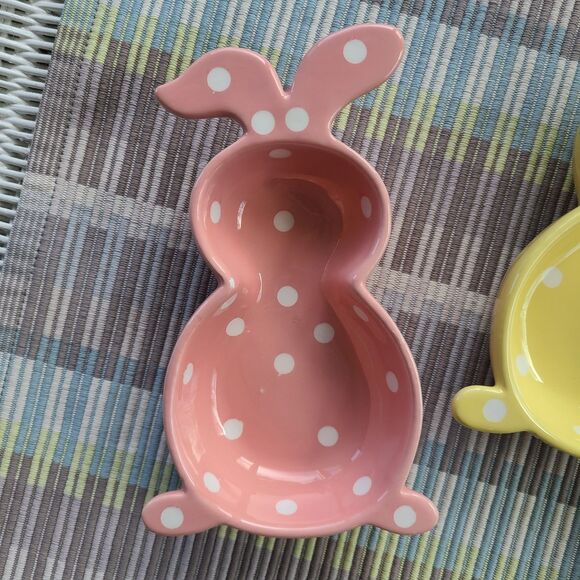 Ceramic Pastel Polka Dot Bunny Shaped Trinket Dishes Set Of Three Easter Spring - Picture 3 of 9